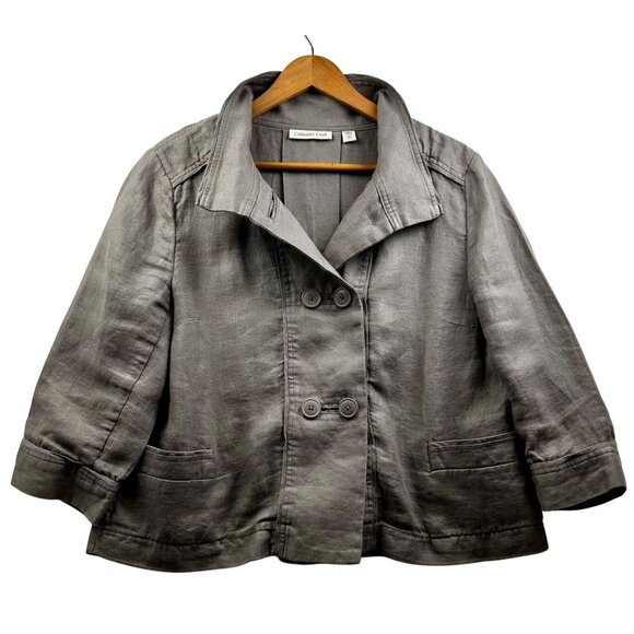 Cropped Safari Trench Style 100% Linen Double-Breasted Jacket Coastal Luxe Gray - Picture 2 of 11